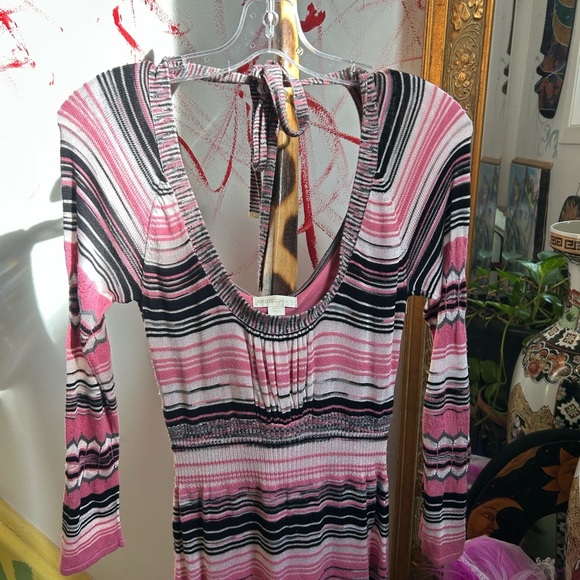 Guess Jeans Y2K Pink Striped Crochet Long Sleeve Dress L - Picture 2 of 16